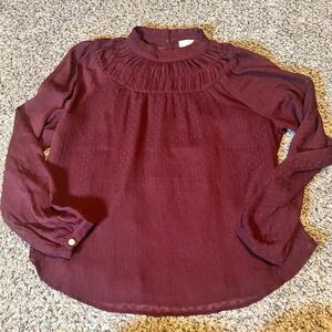Loft Burgundy Textured Swiss Dot Mock Neck Long Sleeve Blouse Women's Size‎ M